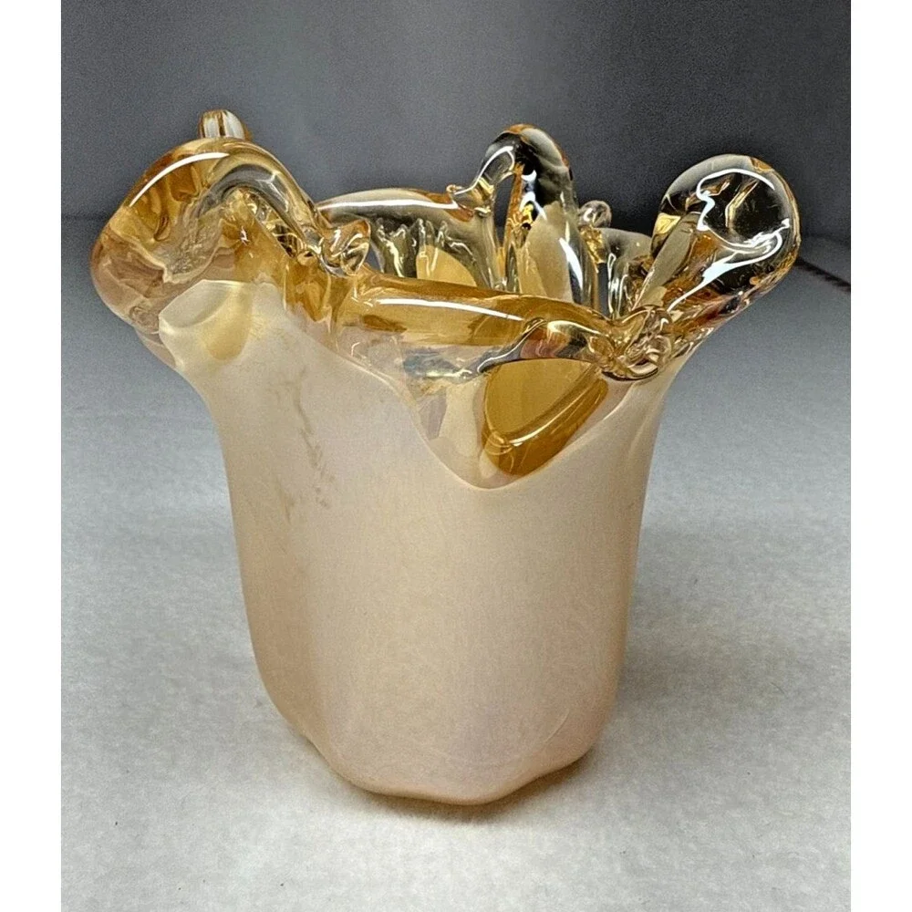 Murano Style Italian Art Glass Vase White Crystal Handmade Ruffled Edge